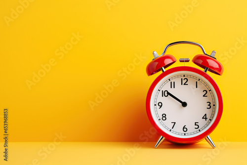 Red vintage alarm clock on colorful pastel bright background
