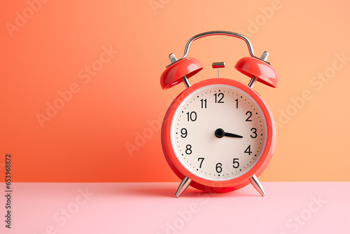 Red vintage alarm clock on colorful pastel bright background