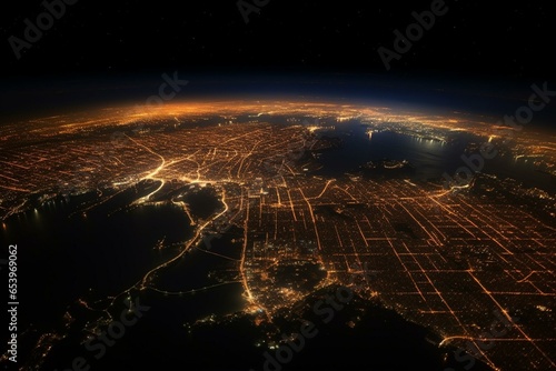 Stunning satellite view capturing Earth's majestic sunset and city lights. Generative AI