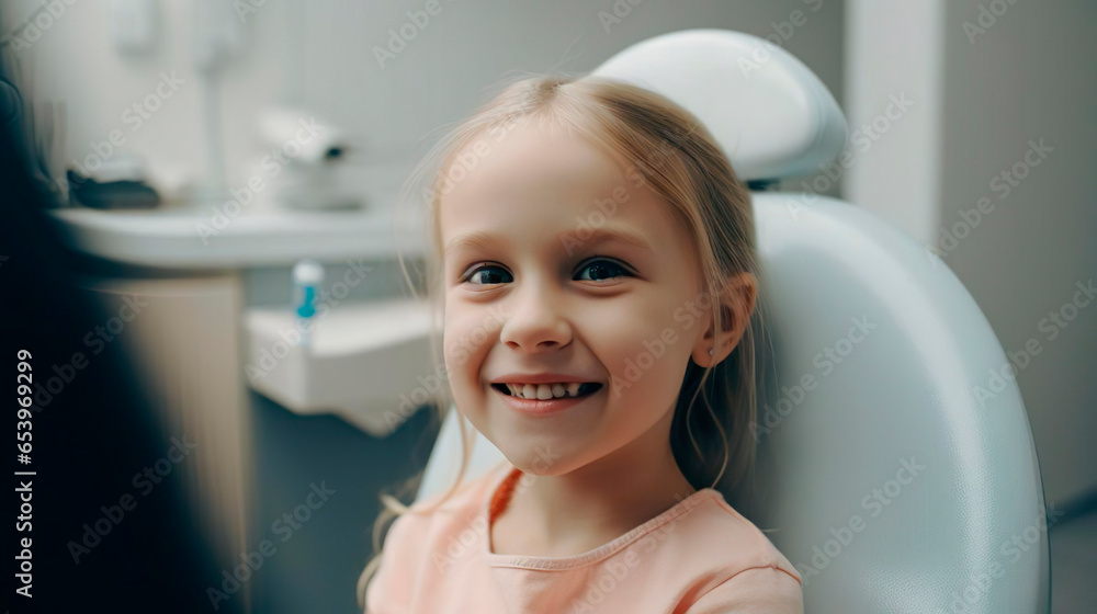 Dental medicine clinic for children. Oral cavity by a dentist. Smiling happy little kid child girl patient visits a dentist office to treat her teeth. Health care treatment. No fear. Dental medicine clinic for children. Oral cavity by a dentist. Smiling happy little kid child girl patient visits a dentist office to treat her teeth. Health care treatment. No fear.