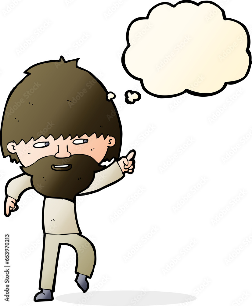 Fototapeta premium cartoon bearded man pointing and laughing with thought bubble