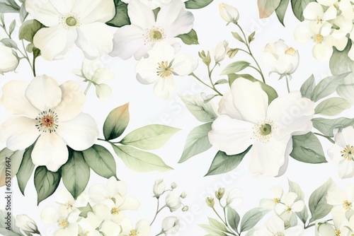 Pattern: delicate white floral watercolor design with vintage summer vibes. Ideal for fabric, wallpaper, or abstract background. Generative AI © Dariel