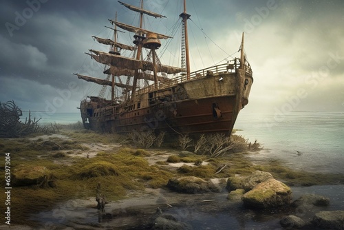 An old ship searching for riches on an abandoned island. Generative AI