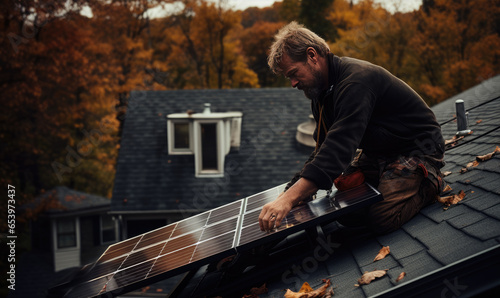 Man installing solar panels on the roof of the house. Concept of alternative energy and power sustainable resources.