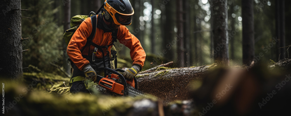 Woodcutter saws wood in the amazing forest with a chainsaw. Woodcutter saws wood in the amazing forest with a chainsaw.