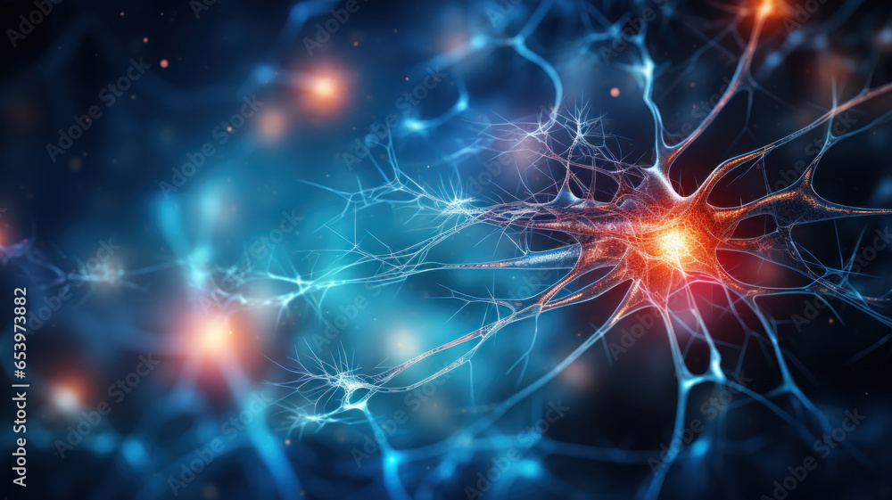 Microscope view of neural network with active neurons, nerve cells ...