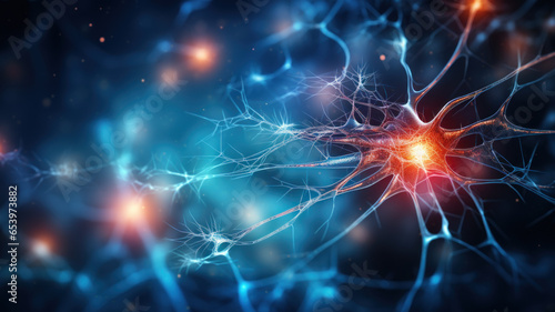 Microscope view of neural network with active neurons, nerve cells