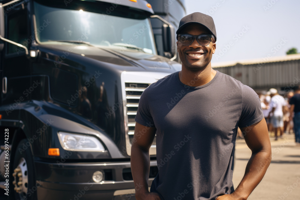 Man standing confidently in front of large truck. This image can be used to depict transportation, delivery, or trucking industry Man standing confidently in front of large truck. This image can be used to depict transportation, delivery, or trucking industry