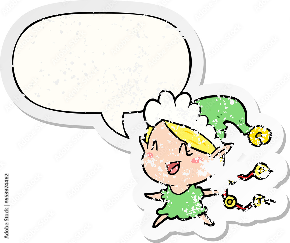 cartoon happy christmas elf with speech bubble distressed distressed old sticker cartoon happy christmas elf with speech bubble distressed distressed old sticker