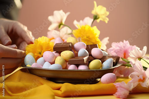 Plate filled with chocolate eggs and vibrant flowers placed on table. Perfect for Easter celebrations or spring-themed events