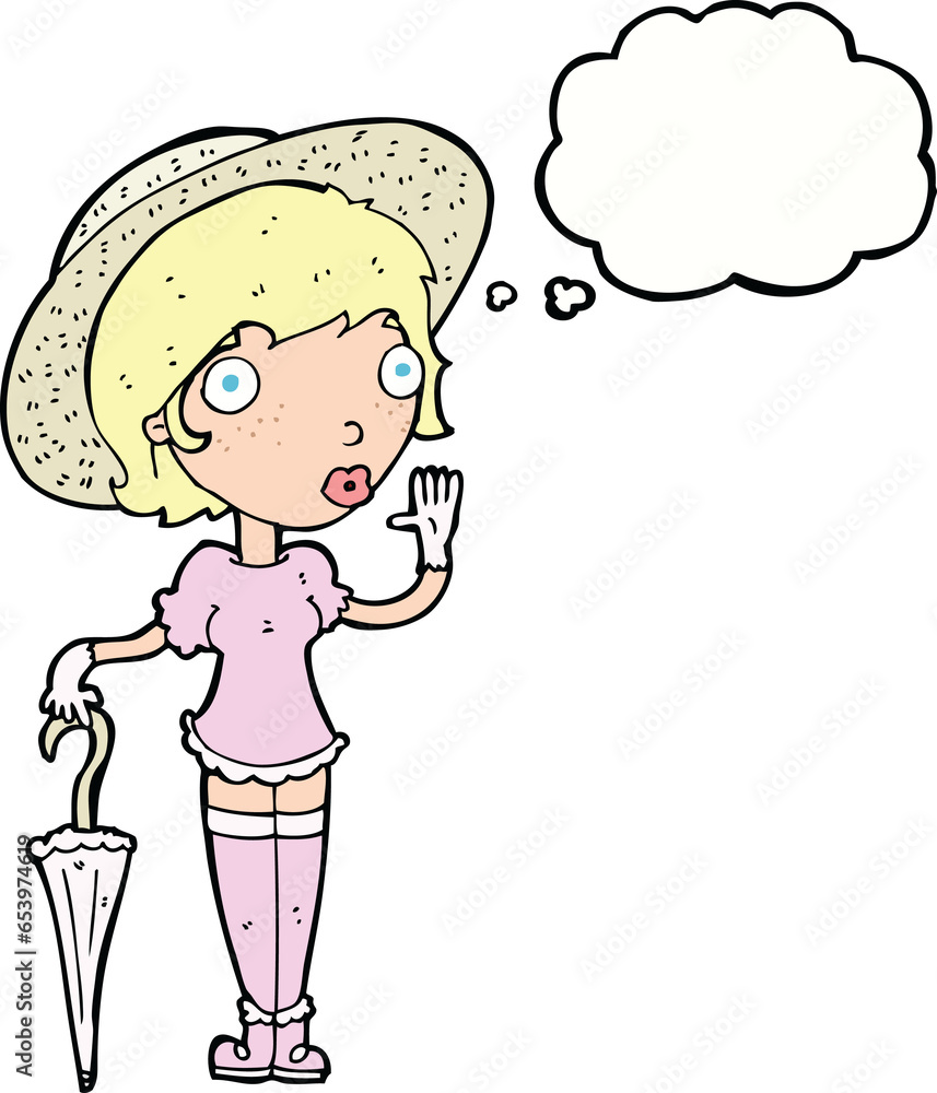 cartoon woman in summer hat waving with thought bubble cartoon woman in summer hat waving with thought bubble