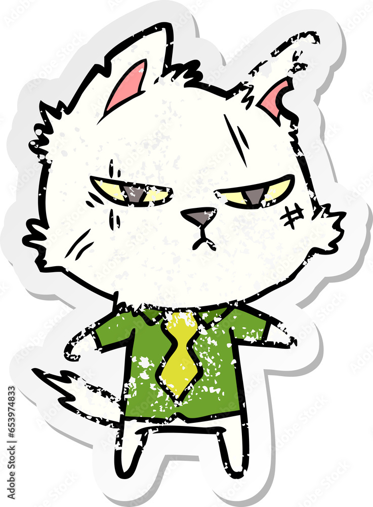 distressed sticker of a tough cartoon cat in shirt and tie