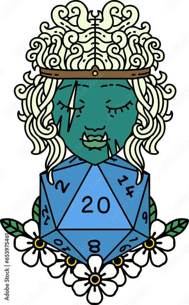 Retro Tattoo Style orc barbarian with natural twenty dice roll Retro Tattoo Style orc barbarian with natural twenty dice roll