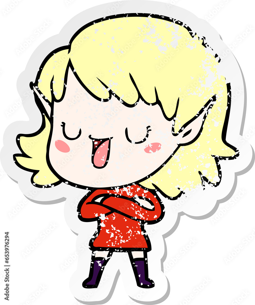 distressed sticker of a cartoon elf girl distressed sticker of a cartoon elf girl