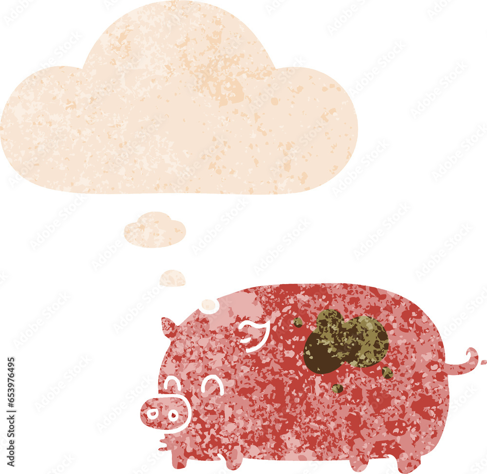 cute cartoon pig with thought bubble in grunge distressed retro textured style cute cartoon pig with thought bubble in grunge distressed retro textured style