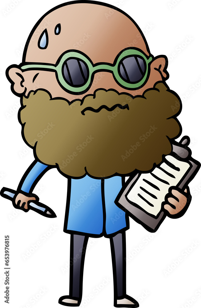 cartoon worried man with beard and sunglasses taking survey