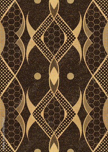 Hand-drawn unique abstract symmetrical seamless gold ornament with golden glittery splatter on a dark brown background. Paper texture. Digital artwork, A4. (pattern: p12d)