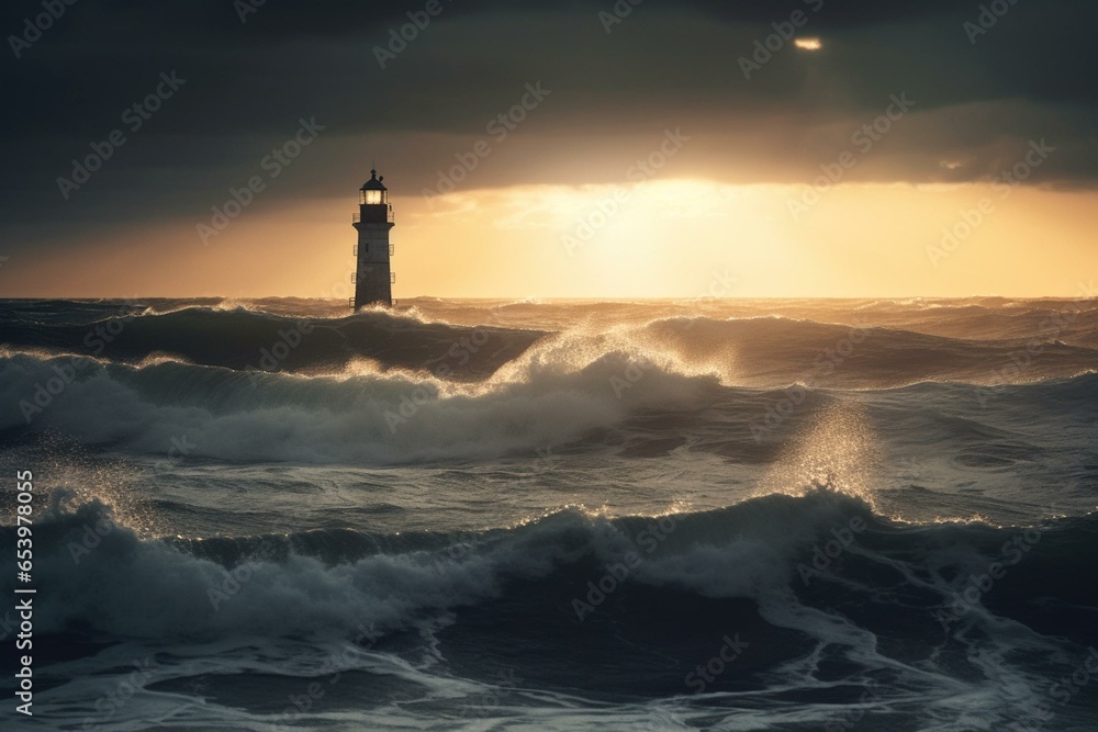 a stormy sea with a lighthouse amidst rough waves and a dark sky at sunset. Generative AI