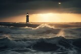a stormy sea with a lighthouse amidst rough waves and a dark sky at sunset. Generative AI