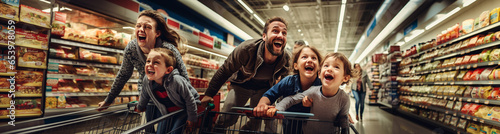 Family happy for discount in food market, banner for special sale store