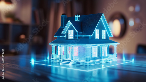 AI smart house architecture model. High tech hologram of private house. photo
