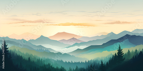 Mountain At Dawn Background With Lake And Sun,,,,,, Scenic Hills and Green Sky in Nature Illustration