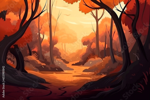 Generative AI illustration of a watercolor autumn forest painting background © JoseLuis
