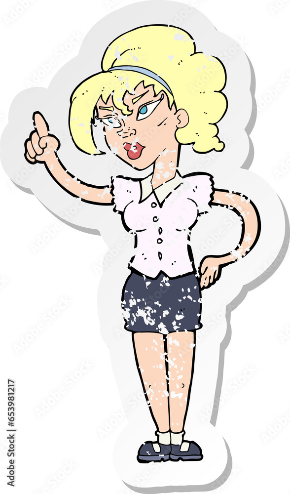retro distressed sticker of a cartoon woman with idea retro distressed sticker of a cartoon woman with idea
