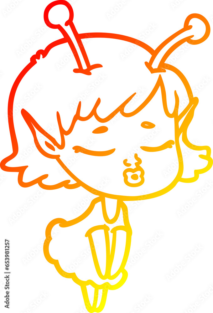 warm gradient line drawing of a cute alien girl cartoon