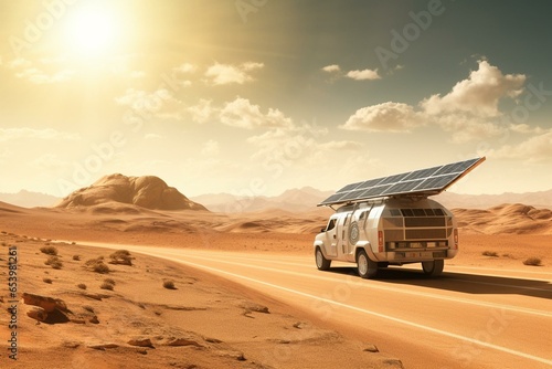 Vehicle running on solar power driving across arid scenery Fototapeta