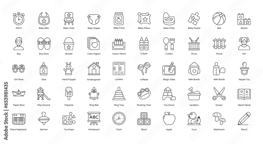 Kindergarten Outline Icons Baby Education Children Iconset 50 Vector Icons in Black, Editable Stokes