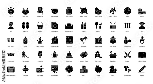 Kindergarten Glyph Icons Baby Education Children Iconset 50 Vector Icons in Black, Editable Stokes