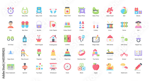 Kindergarten Flat Icons Baby Education Children Iconset 50 Vector Icons, Editable Stokes