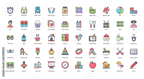 Kindergarten Colored Outline Icons Baby Education Children Iconset 50 Vector Icons, Editable Stokes