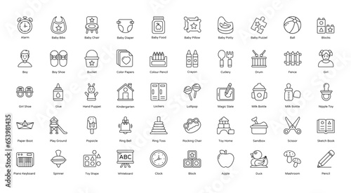 Kindergarten Outline Icons Baby Education Children Iconset 50 Vector Icons in Black, Editable Stokes