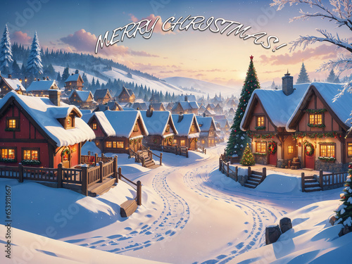 Cozy village merry christmas card