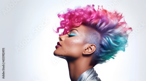american african woman with short wild wavy colorful pink and blue hair