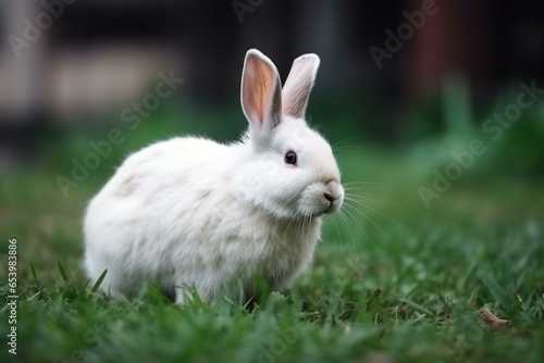 A cute fluffy rabbit with fur hopping around in the green grass during Easter holiday. Generative AI