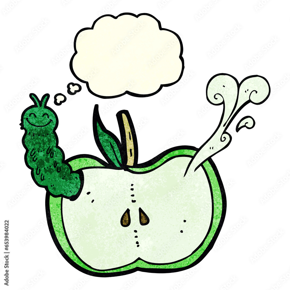 cartoon apple with bug with thought bubble cartoon apple with bug with thought bubble