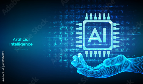 AI. Artificial intelligence. AI icon made with binary code in wireframe hand. Binary data and streaming digital code background. Matrix background with digits 1.0. Vector illustration.