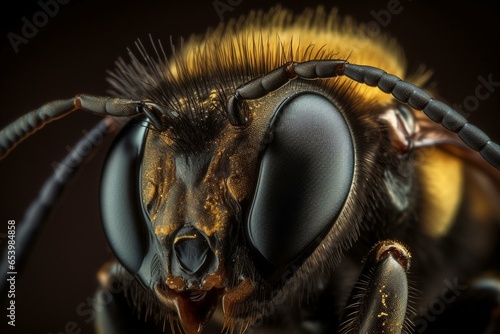 close-up of a bee's vibrant and textured body. Generative AI