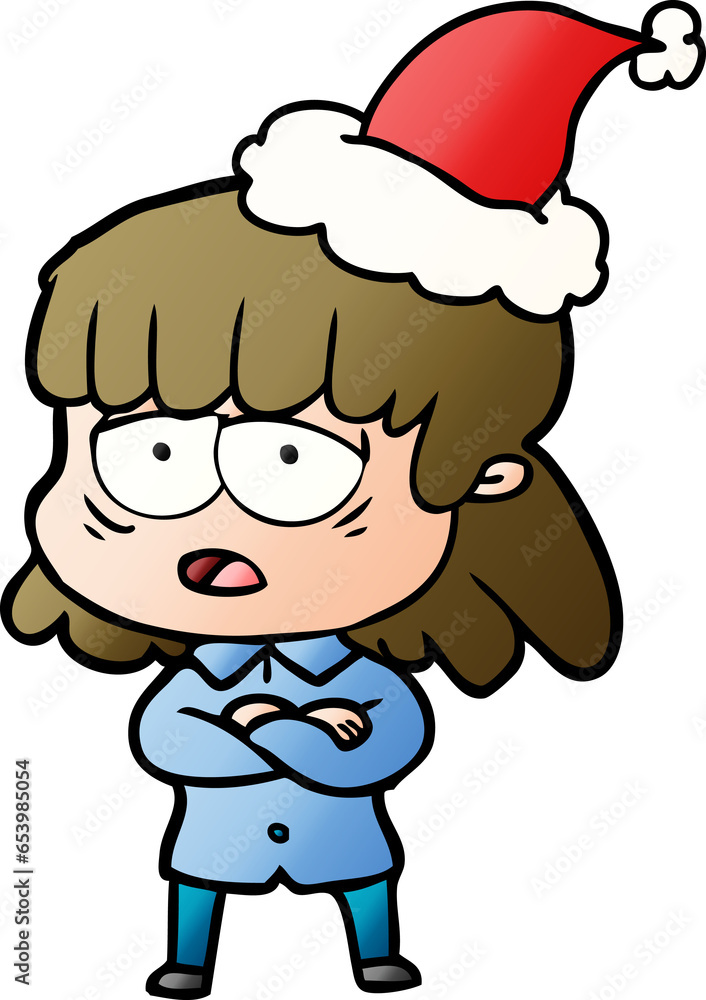 hand drawn gradient cartoon of a tired woman wearing santa hat hand drawn gradient cartoon of a tired woman wearing santa hat