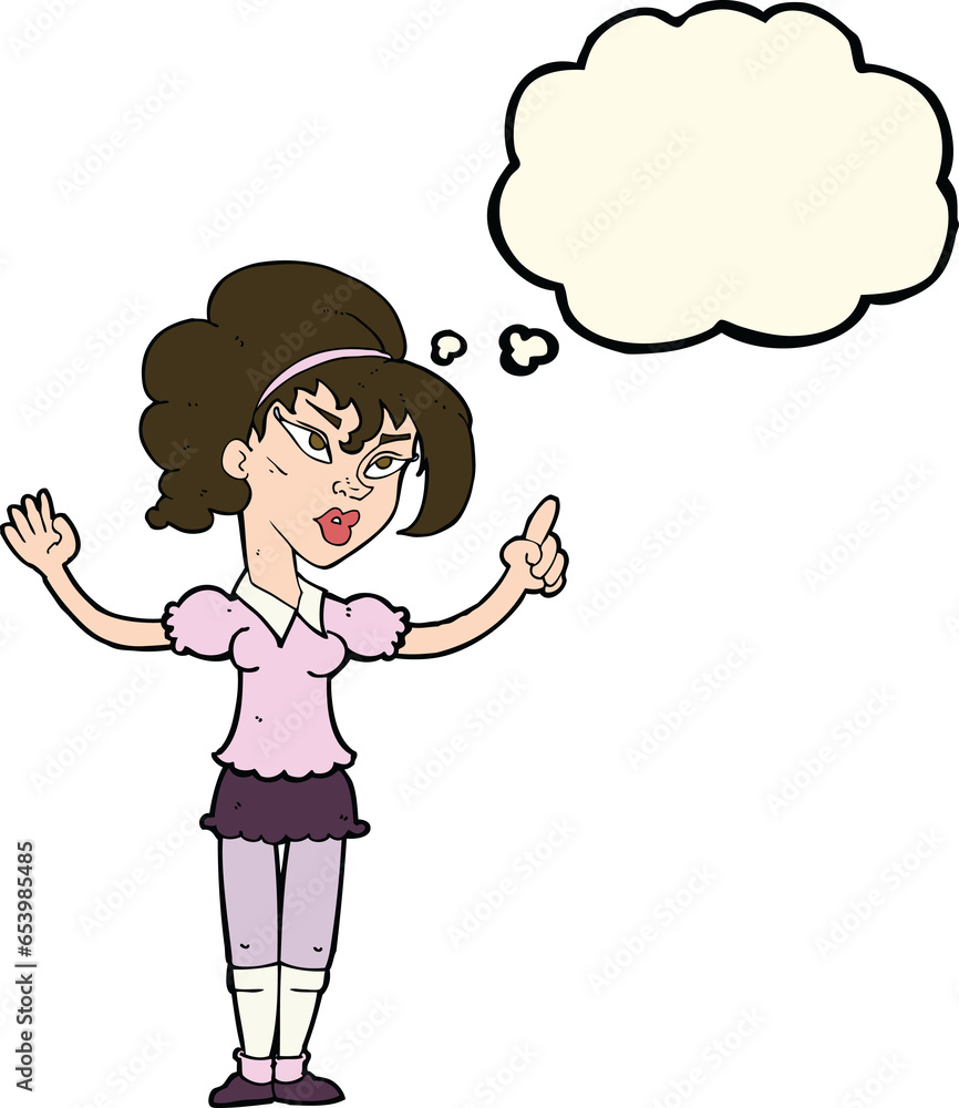 cartoon woman with idea with thought bubble cartoon woman with idea with thought bubble
