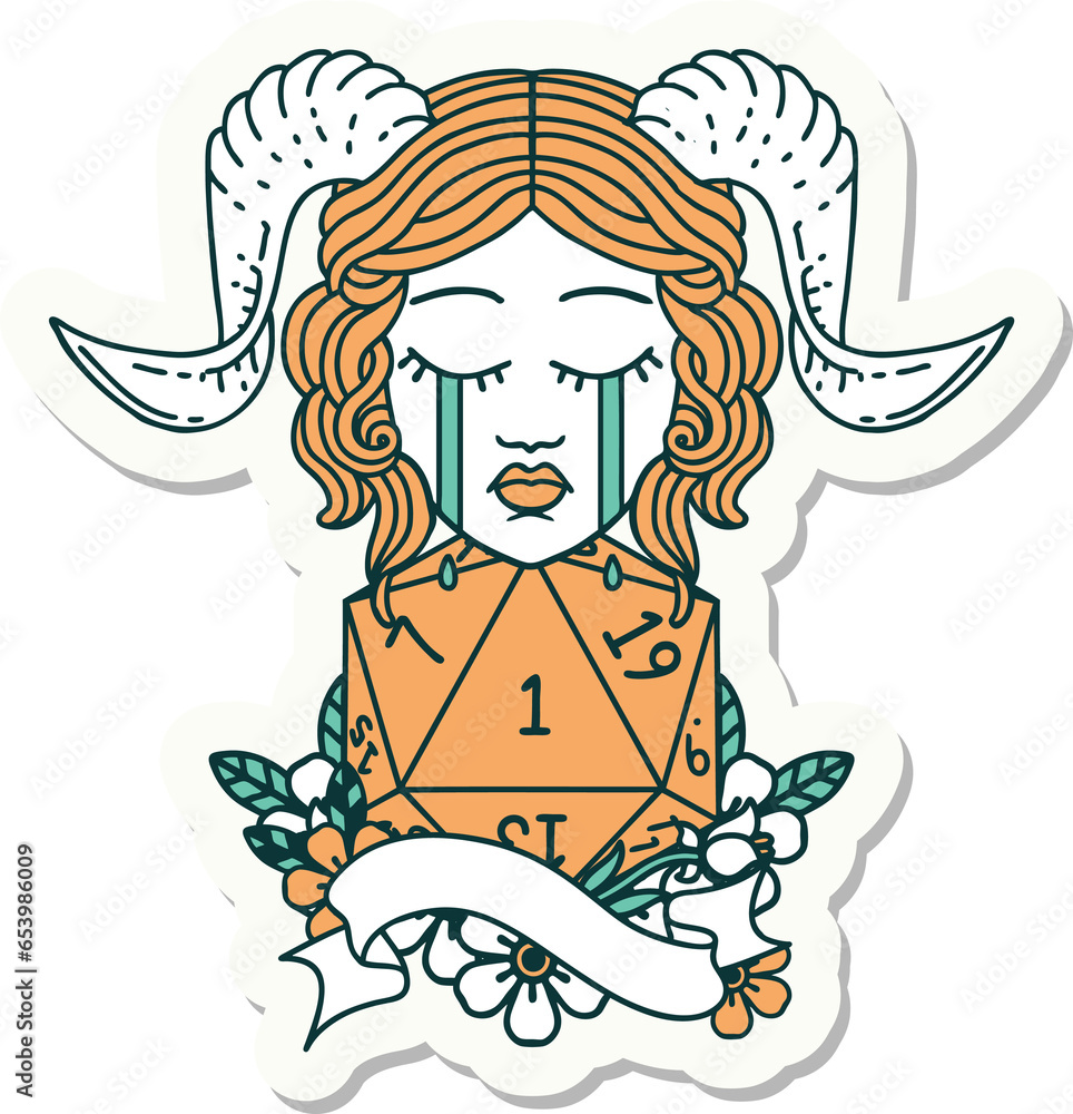 sticker of a crying tiefling with natural one D20 roll sticker of a crying tiefling with natural one D20 roll