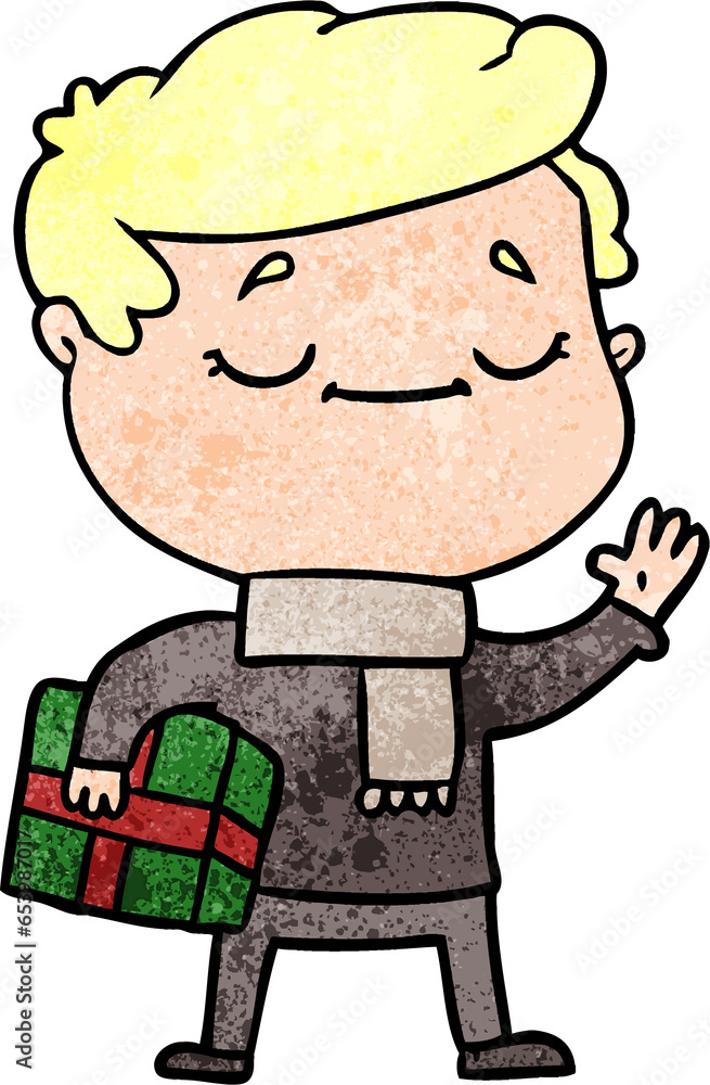 cartoon man carrying christmas present waving cartoon man carrying christmas present waving