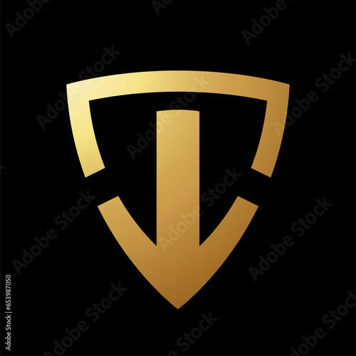 Gold Abstract Shield Shaped Down Facing Arrow Icon