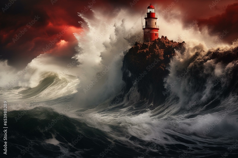 Powerful wave hitting jagged cliff with a red lighthouse perched on top. Generative AI