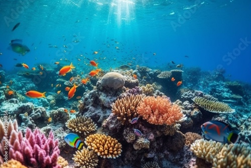Vibrant underwater sea life in a coral reef. Generative AI