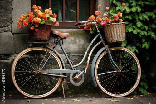 an old bicycle with a basket brimming with colorful flowers and green leaves. Generative AI