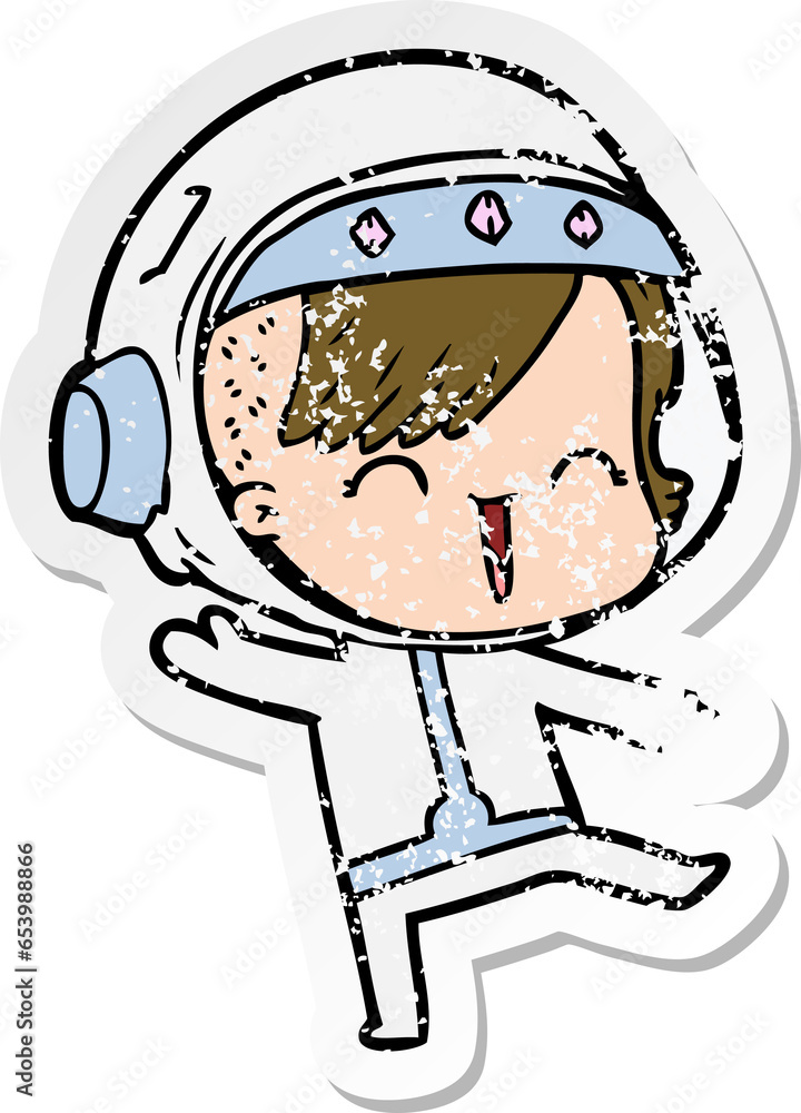 Obraz premium distressed sticker of a happy cartoon space girl